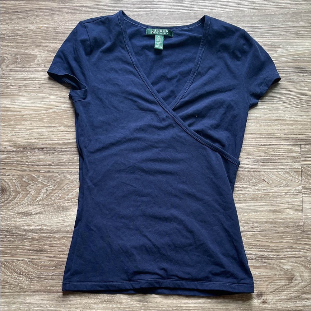 Lauren by Ralph Lauren Navy Blue Wrap Short Sleeve Tee